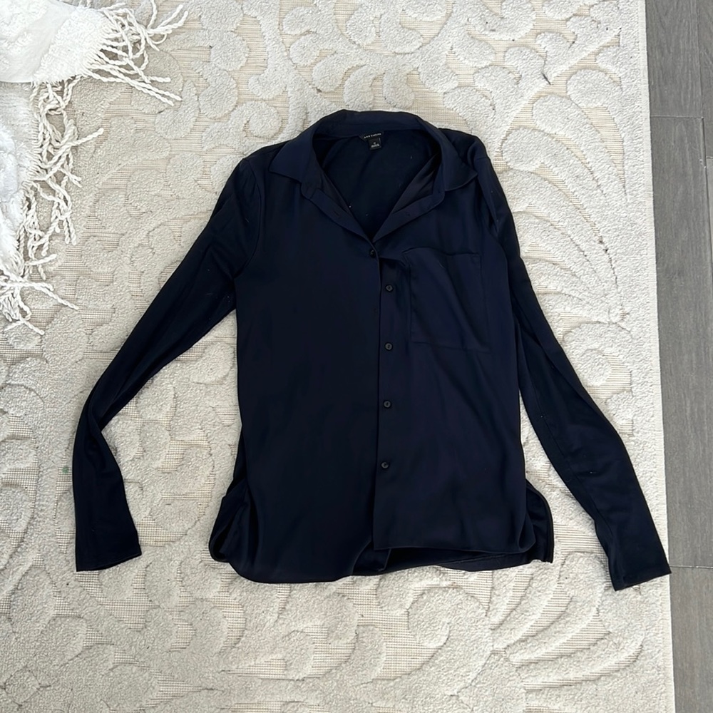 silk front and cotton/ stretch back button down blouse